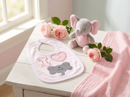 “I Love Elephants” Handmade Appliqué Baby Bib — Pink Striped, Embroidered Elephant Design