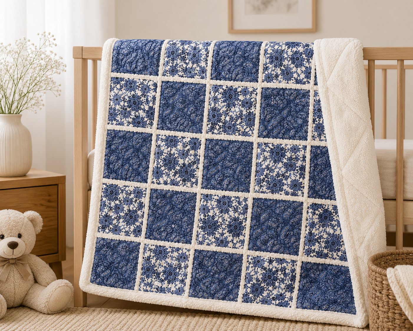 Blue Floral Patchwork Baby Quilt