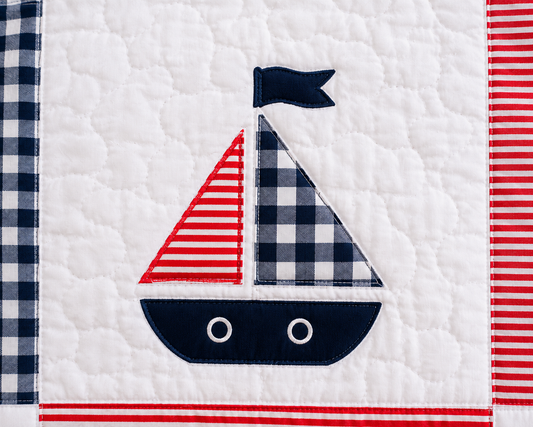 Classic Sailboat Baby Quilt-Handmade Nautical Nursery Quilt – Red, White & Navy – 40" x 40"