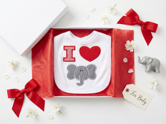“I Love Elephants” Handmade Appliqué Baby Bib — White, Red Gingham & Gray Elephant Design