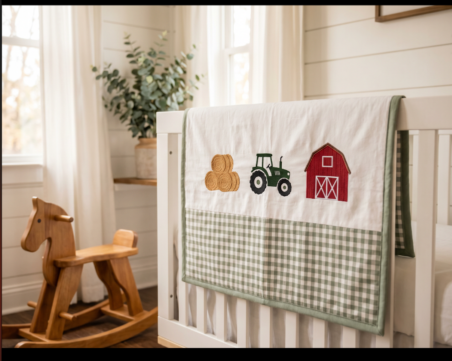 Handcrafted Farmhouse Baby Quilt – Tractor & Barn Embroidery (36” x 42”)