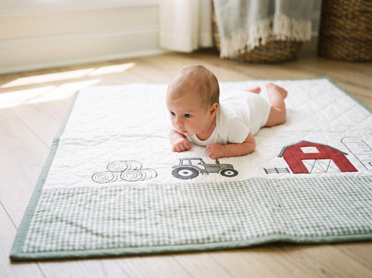 Handcrafted Farmhouse Baby Quilt – Tractor & Barn Embroidery (36” x 42”)