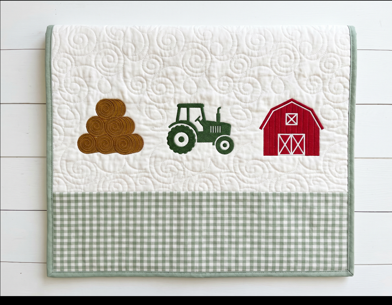 Handcrafted Farmhouse Baby Quilt – Tractor & Barn Embroidery (36” x 42”)