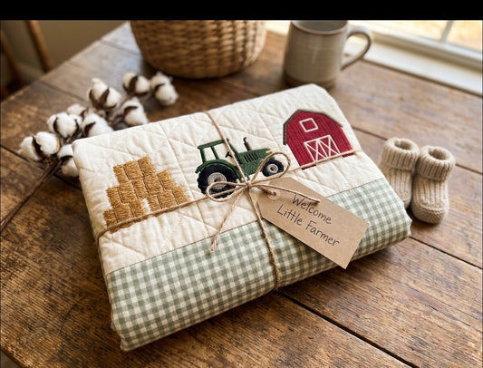 Handcrafted Farmhouse Baby Quilt – Tractor & Barn Embroidery (36” x 42”)