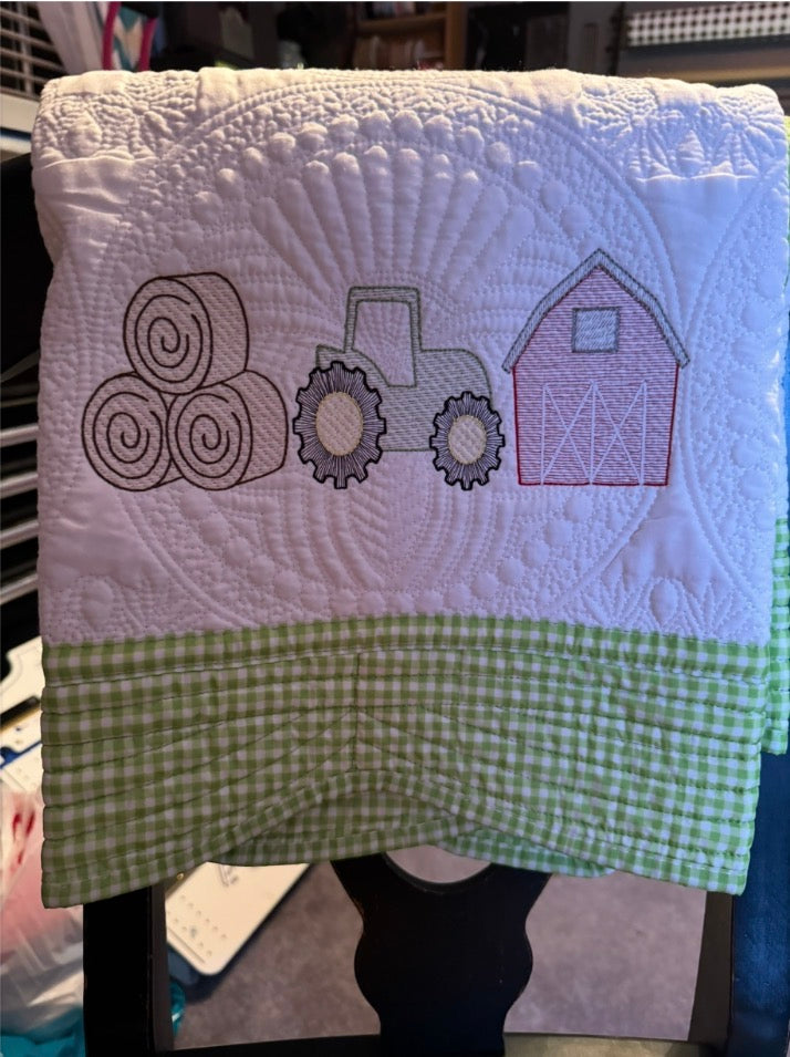 Handcrafted Farmhouse Baby Quilt – Tractor & Barn Embroidery (36” x 42”)