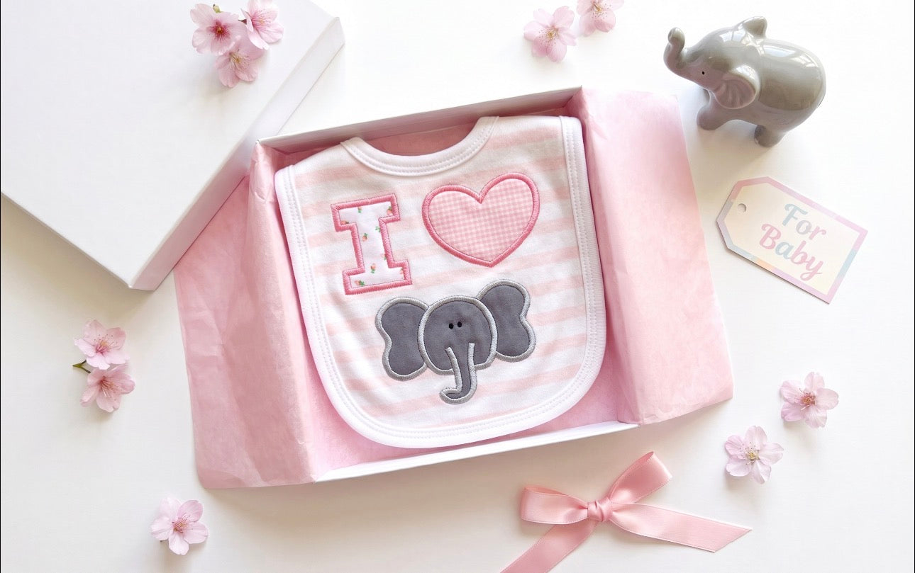 “I Love Elephants” Handmade Appliqué Baby Bib — Pink Striped, Embroidered Elephant Design