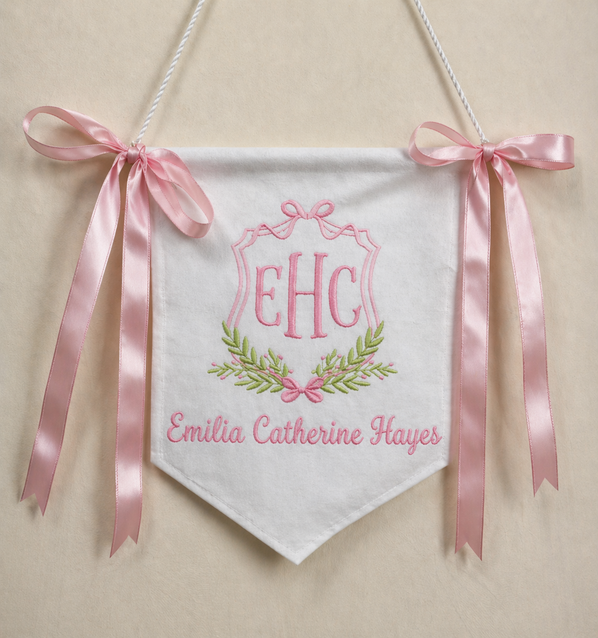 Heirloom Embroidered Baby Name Banner – Personalized Nursery Keepsake