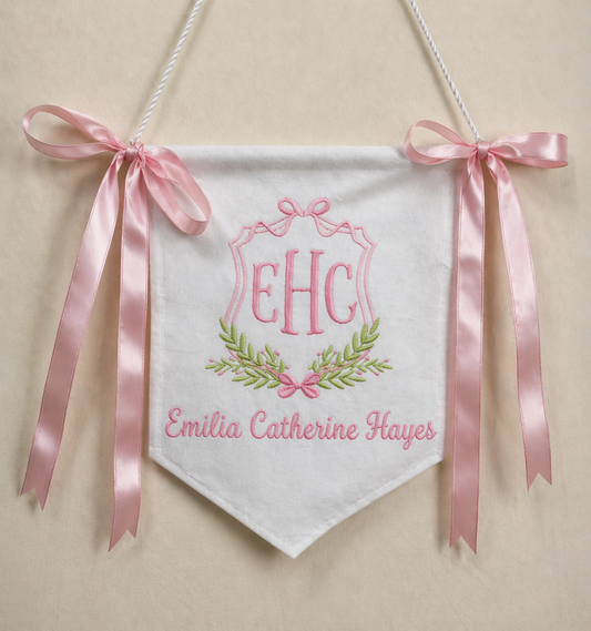 Heirloom Embroidered Baby Name Banner – Personalized Nursery Keepsake
