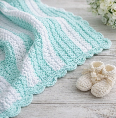 Handmade Crocheted Baby Blanket - Mint & White Stripe