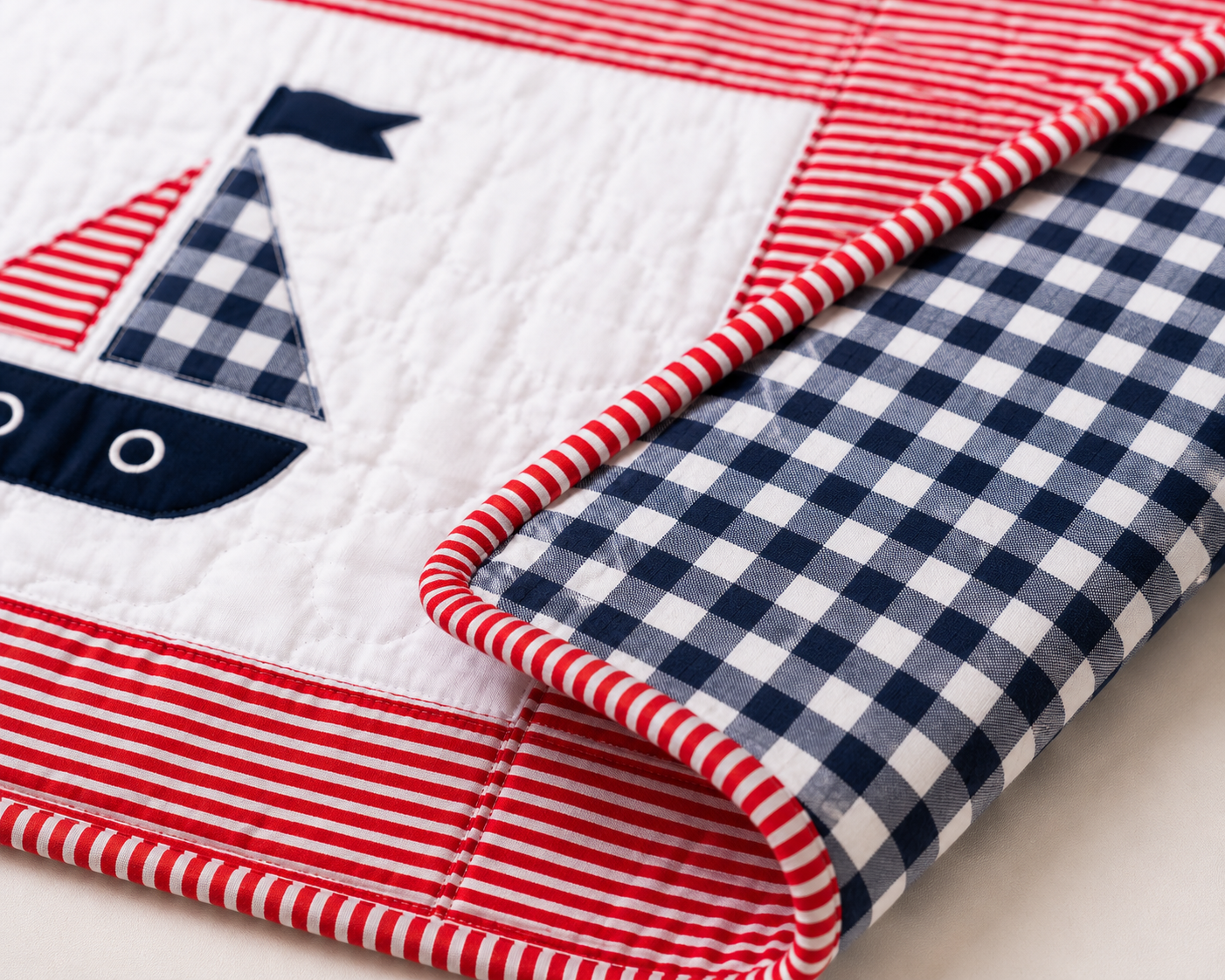 Classic Sailboat Baby Quilt-Handmade Nautical Nursery Quilt – Red, White & Navy – 40" x 40"