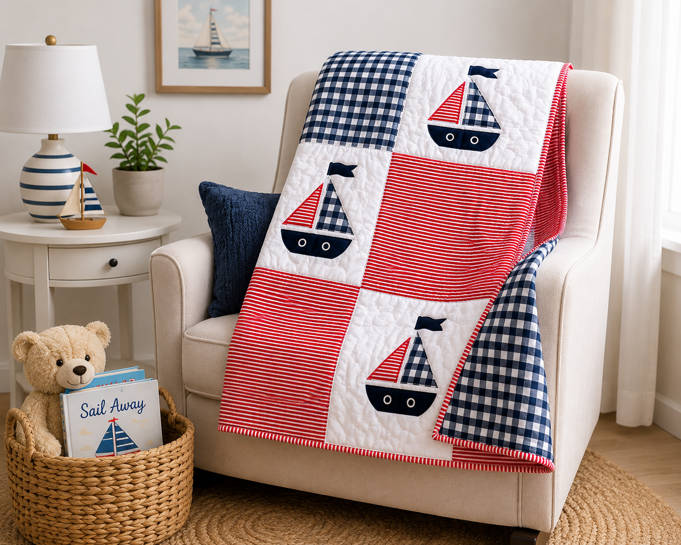Classic Sailboat Baby Quilt-Handmade Nautical Nursery Quilt – Red, White & Navy – 40" x 40"