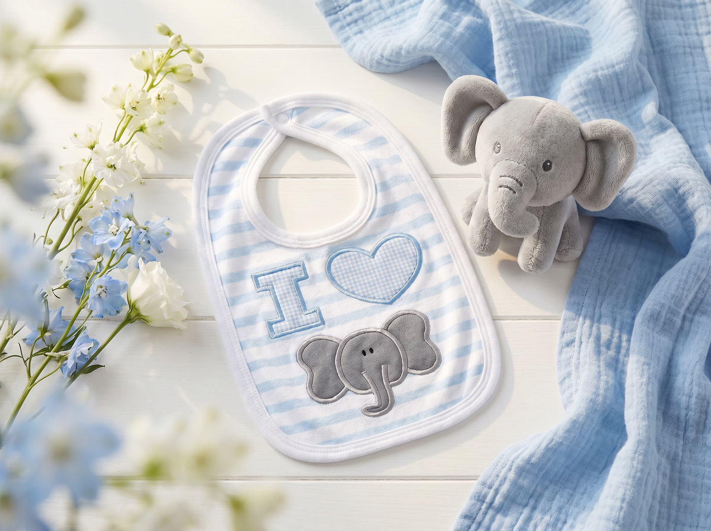 “I Love Elephants” Handmade Appliqué Baby Bib — Baby Blue Striped, Embroidered Elephant Design