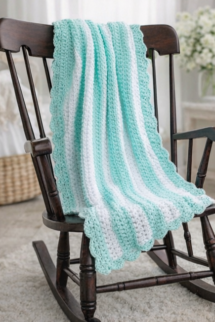 Handmade Crocheted Baby Blanket - Mint & White Stripe