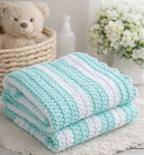Handmade Crocheted Baby Blanket - Mint & White Stripe