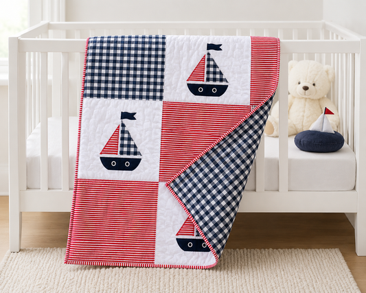 Classic Sailboat Baby Quilt-Handmade Nautical Nursery Quilt – Red, White & Navy – 40" x 40"