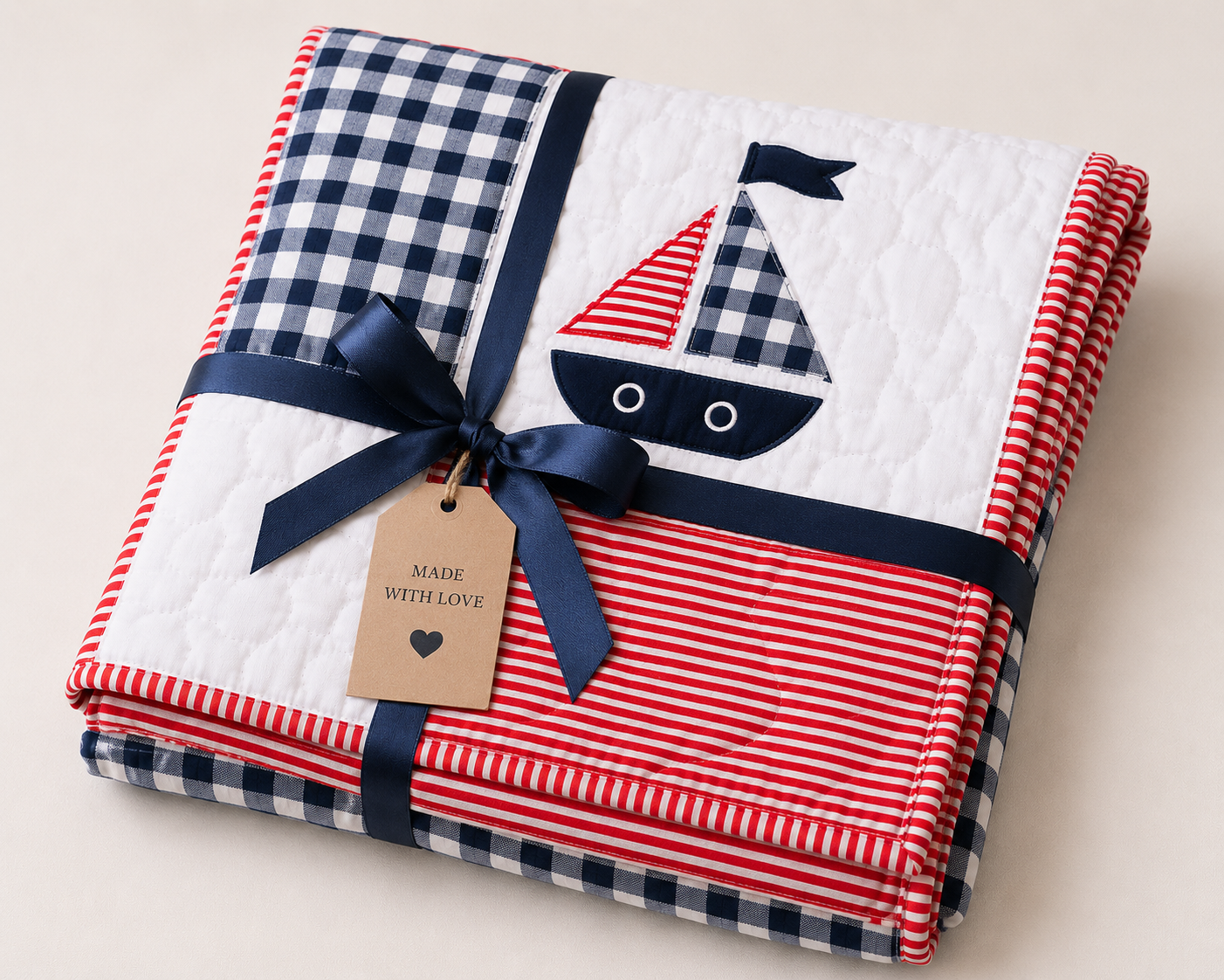 Classic Sailboat Baby Quilt-Handmade Nautical Nursery Quilt – Red, White & Navy – 40" x 40"