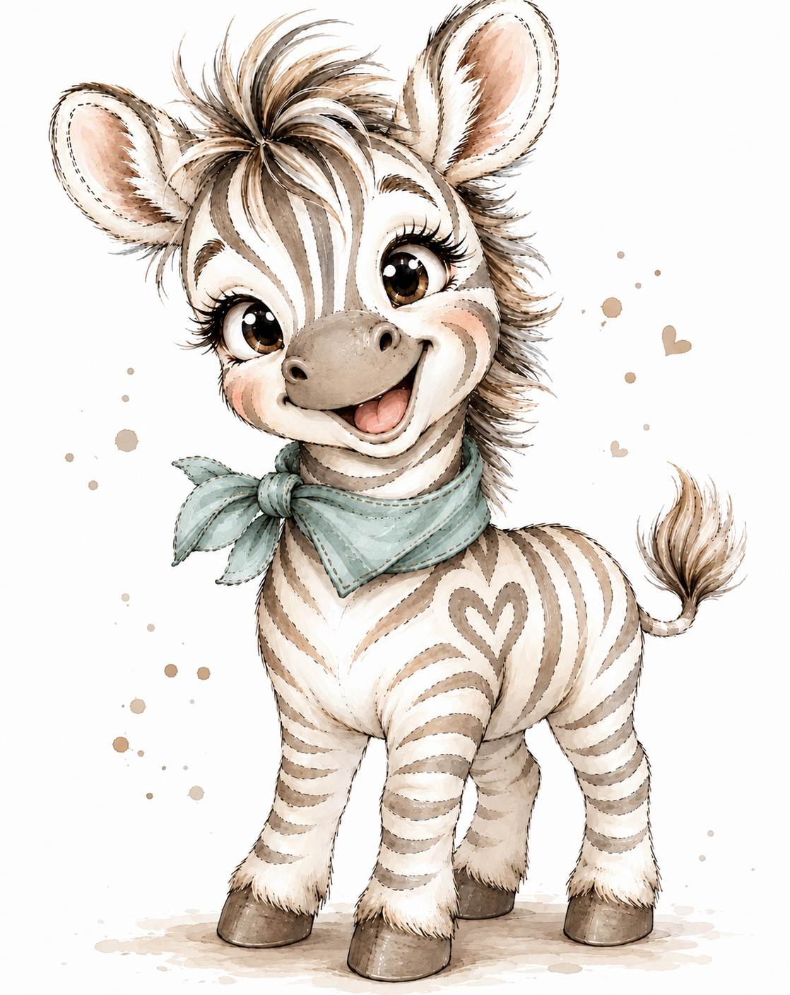 Fancy, the Jancy's Fancies zebra mascot, with her soft teal scarf and signature heart-shaped shoulder stripe