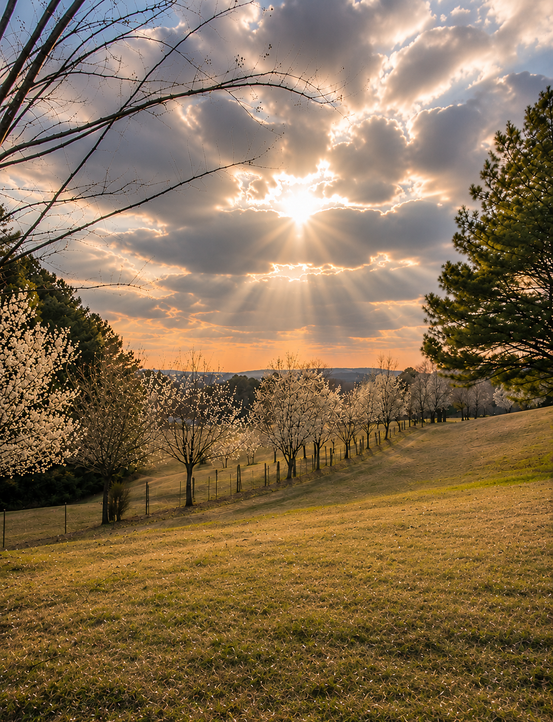 Sunlight over the peaceful landscape surrounding Jancy's Fancies