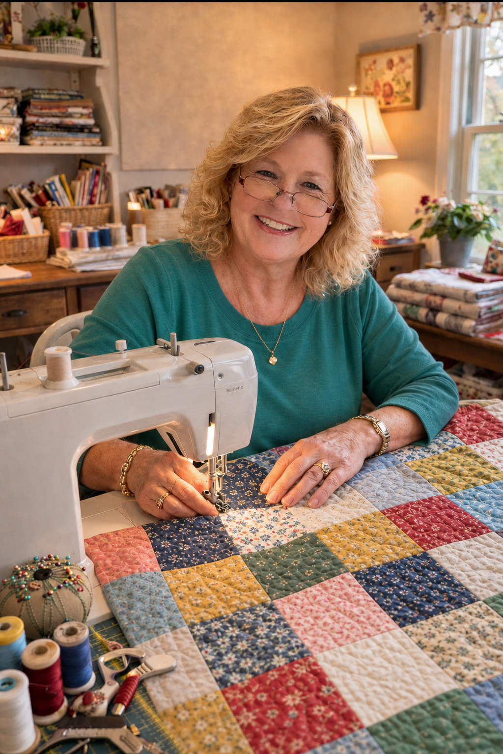 Jancy smiling while sewing a patchwork quilt in her workshop
